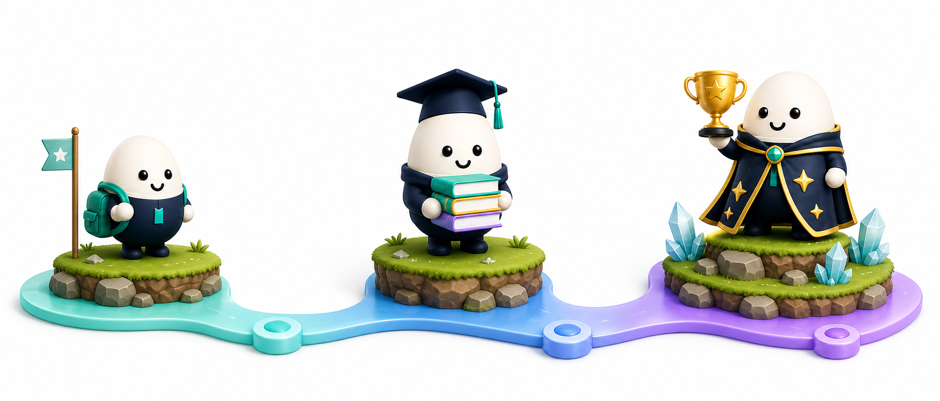 Three GeniusPal study pals along a winding path: an explorer with a backpack beside a flag, a graduate in a mortarboard carrying a stack of books, and a robed pal holding up a trophy, one for each plan.